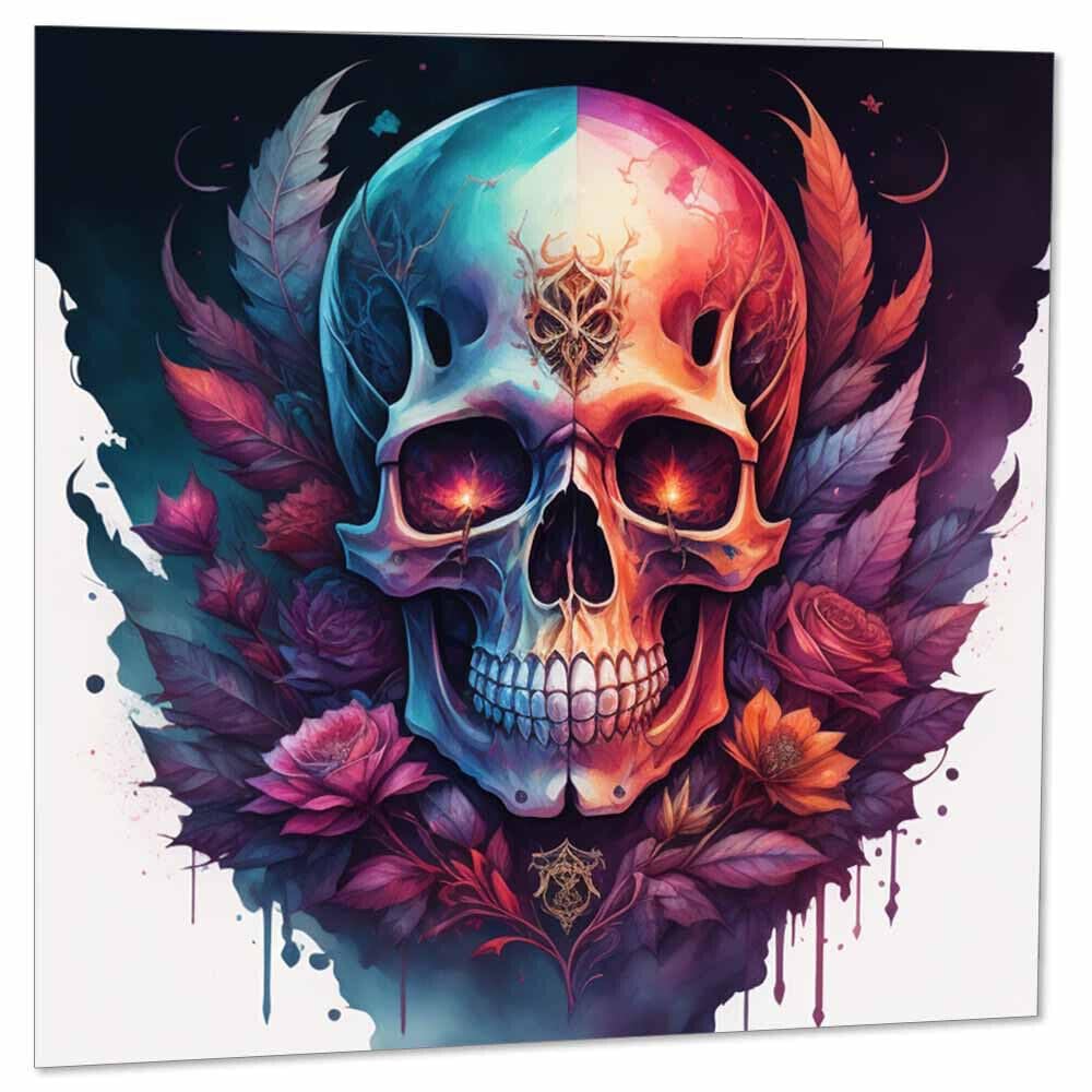 Watercolour Skull Greeting Card - Colour splash Flowery Skull Card 145 x 145mm - Purple Fox Gifts