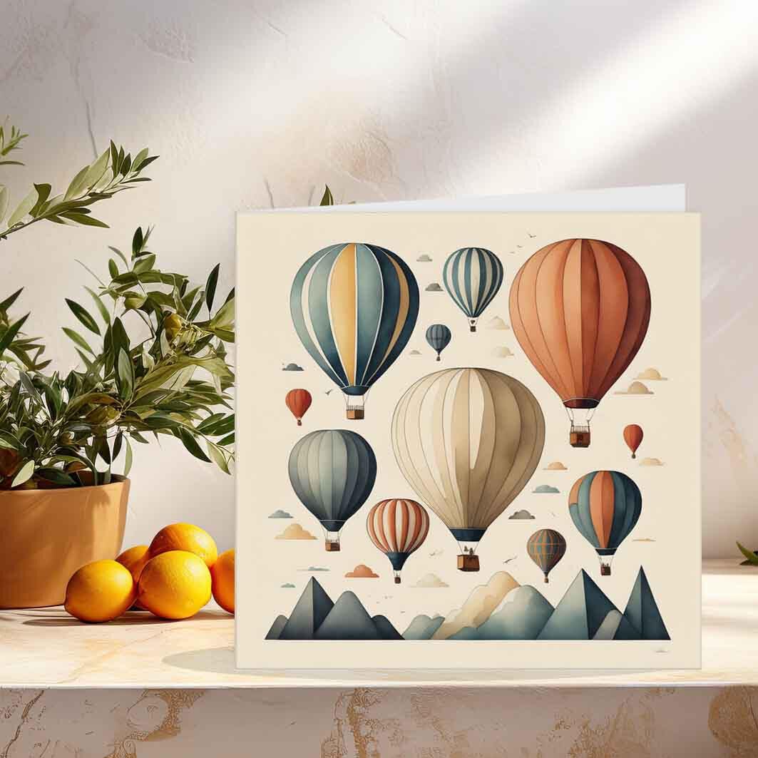 Hot Air Balloons Greeting Card 145 x 145mm - Purple Fox Gifts