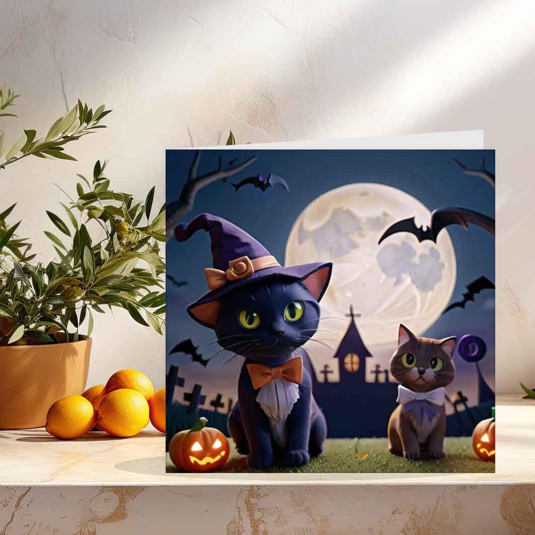 Happy Halloween Cards For Kids Cute Cats Moon Bats Pumpkins 145 x 145mm - Purple Fox Gifts