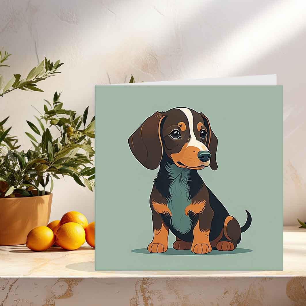 Dachshund Birthday Greeting Card - Sausage Dog Illustration Drawing 145 x 145mm - Purple Fox Gifts