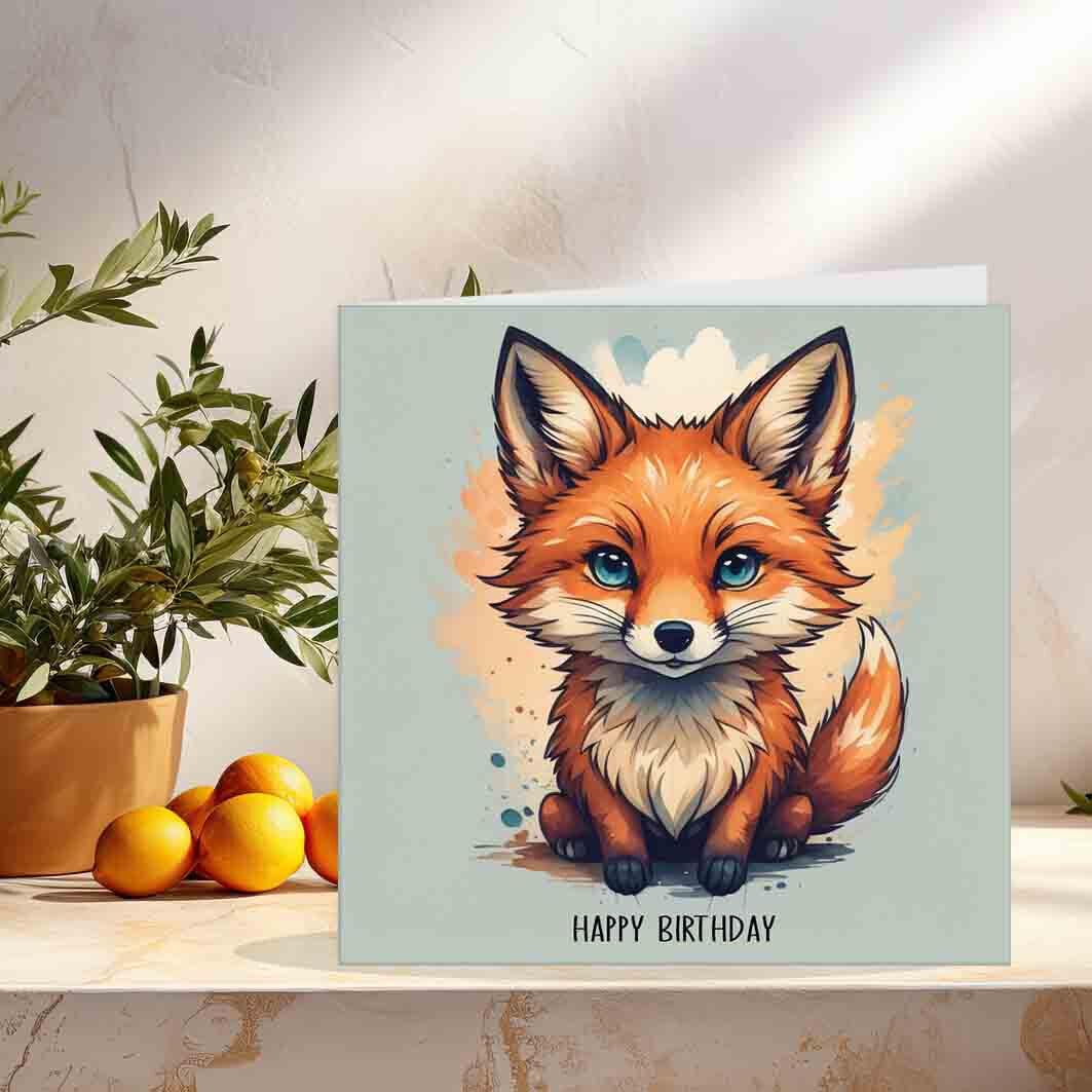 Happy Birthday Card - Cute Fox Birthday Cards Watercolour Fox Anima1 145 x 145mm - Purple Fox Gifts