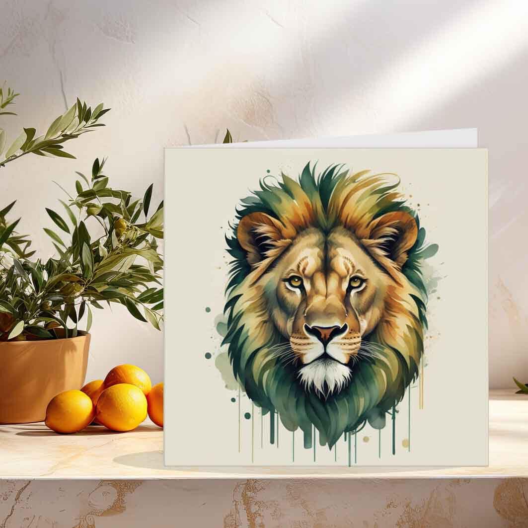 Lion Watercolour Greeting Card 145 x 145mm - Purple Fox Gifts