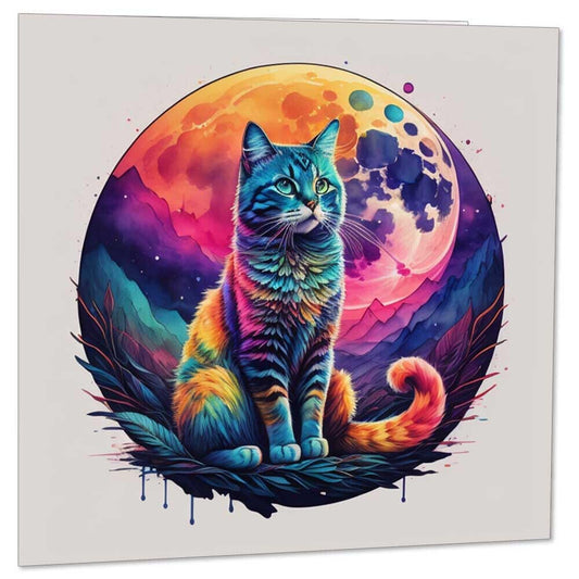 Cat Greeting Card - Watercolour colourful vivid art cat cards 145 x 145mm - Purple Fox Gifts