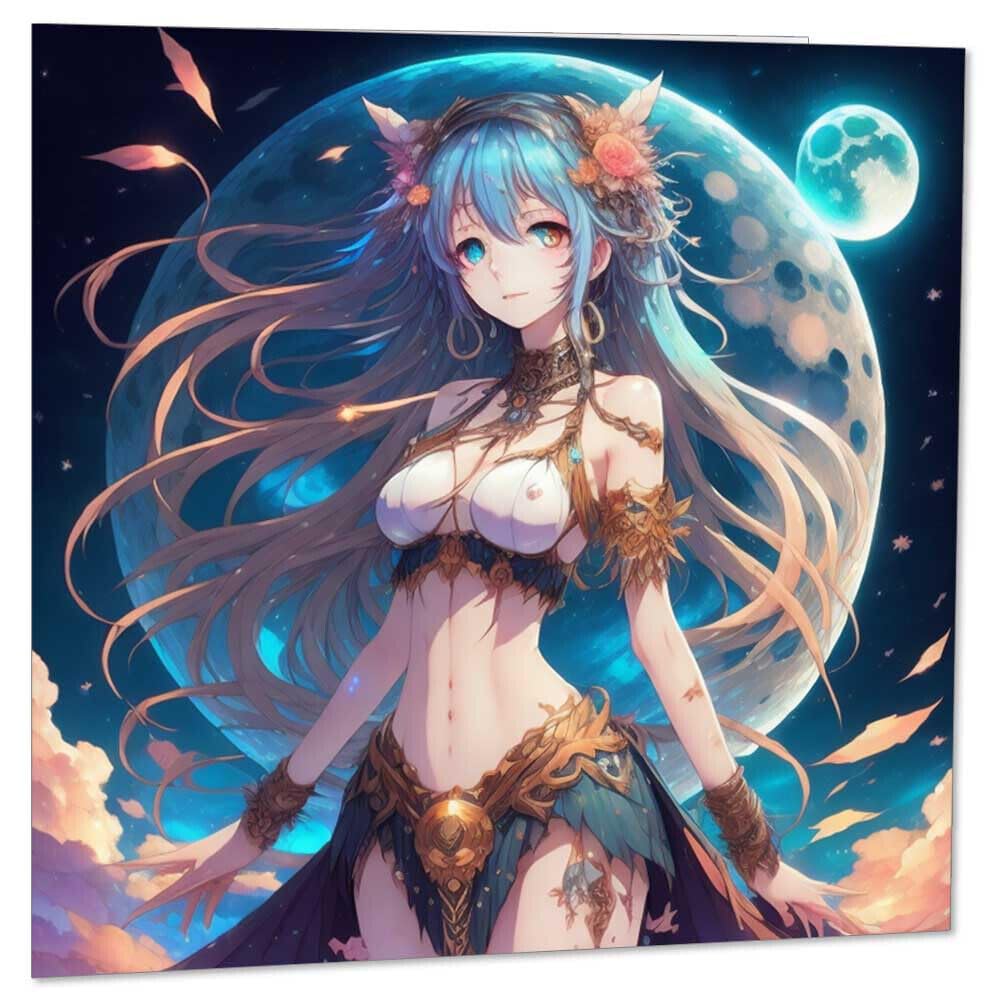 Anime Moon Goddess Greeting Card 145 x 145mm - Purple Fox Gifts