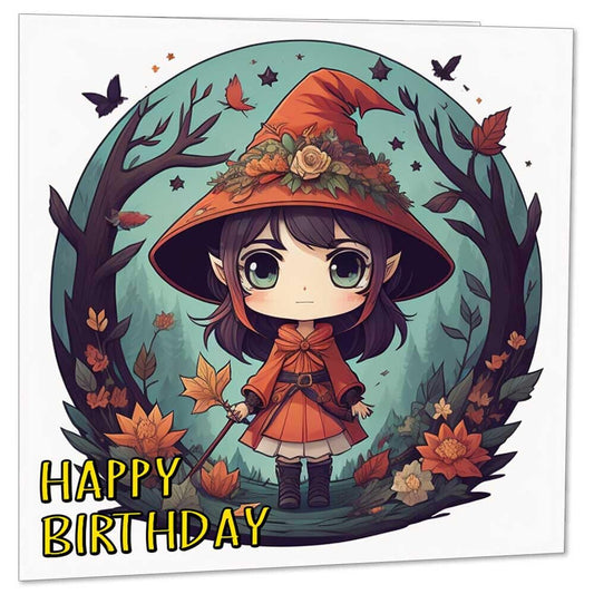 Cute Kawaii Woodland Witch Birthday Card - Chibi Forest Girl 145 x 145mm - Purple Fox Gifts