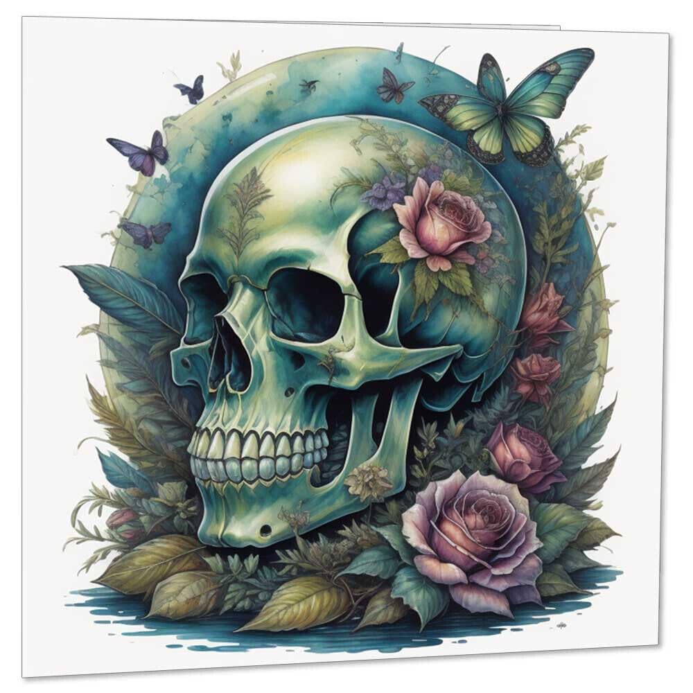 Gothic Flowery Skull Greeting Card - Rock Metal Alternative Card 145 x 145mm - Purple Fox Gifts