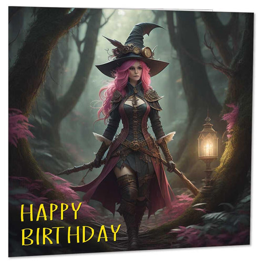 Steampunk Witch Birthday Card Forest Woodland Witches Fantasy 145 x 145mm - Purple Fox Gifts