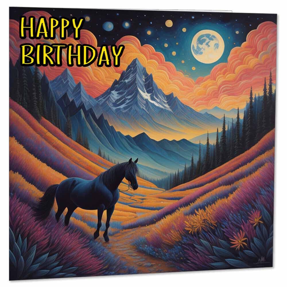 Horse Birthday Card Horse Art Beautiful Moon Greeting Card 145 x 145mm - Purple Fox Gifts