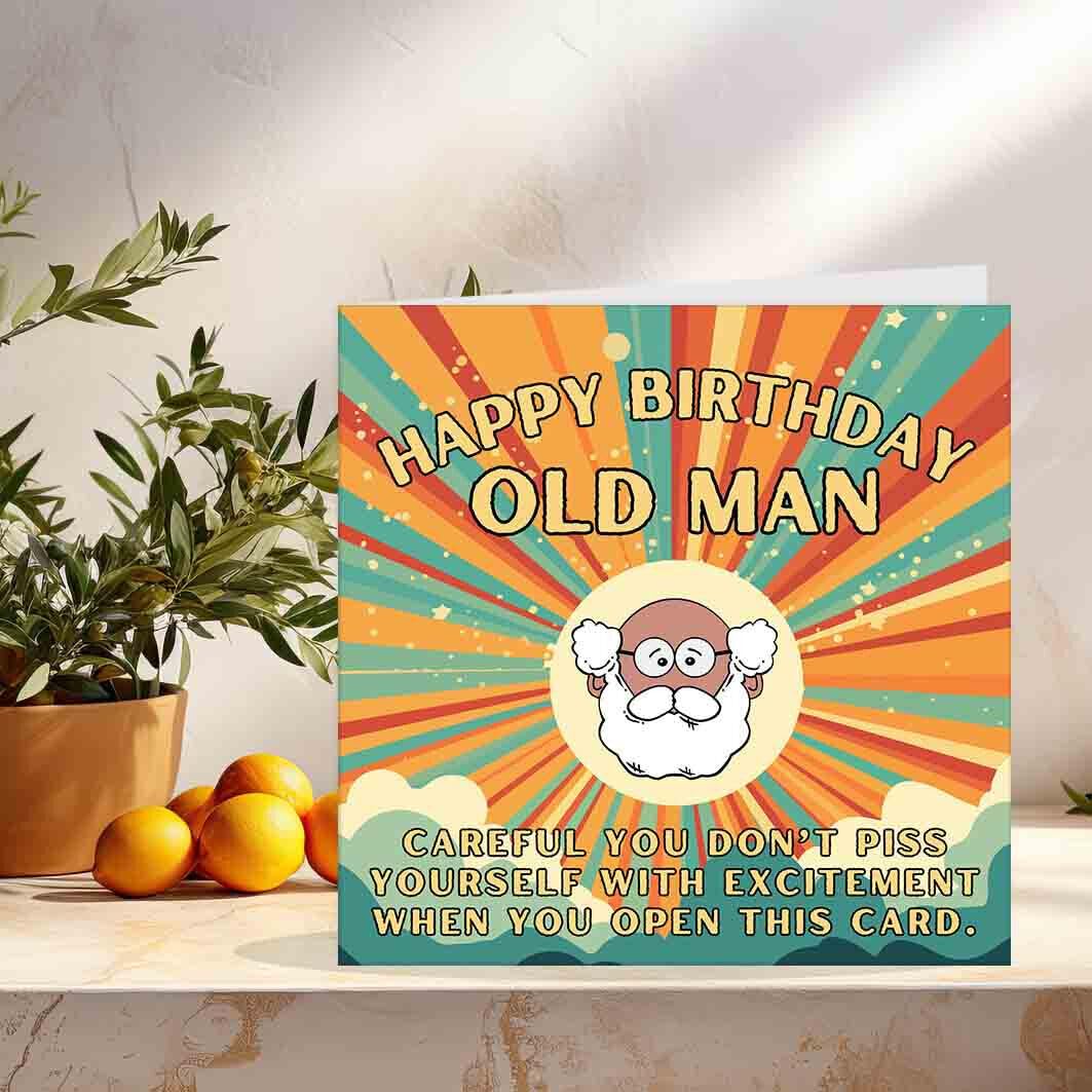 Rude Happy Birthday Card for Dad - Old Man - Funny Birthday Cards for Dads bday - Purple Fox Gifts