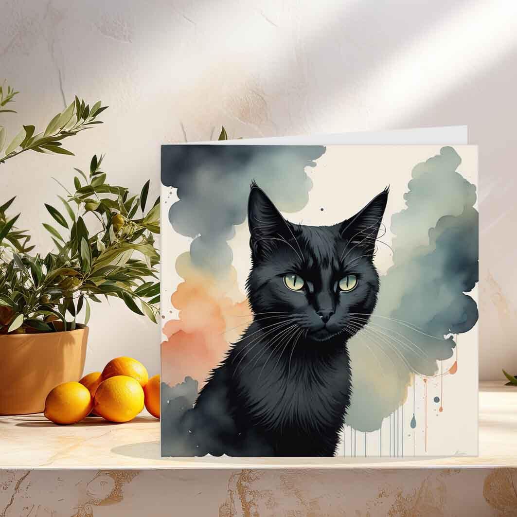 Watercolour Black Cat Greeting Card/Birthday Card 145 x 145mm - Purple Fox Gifts