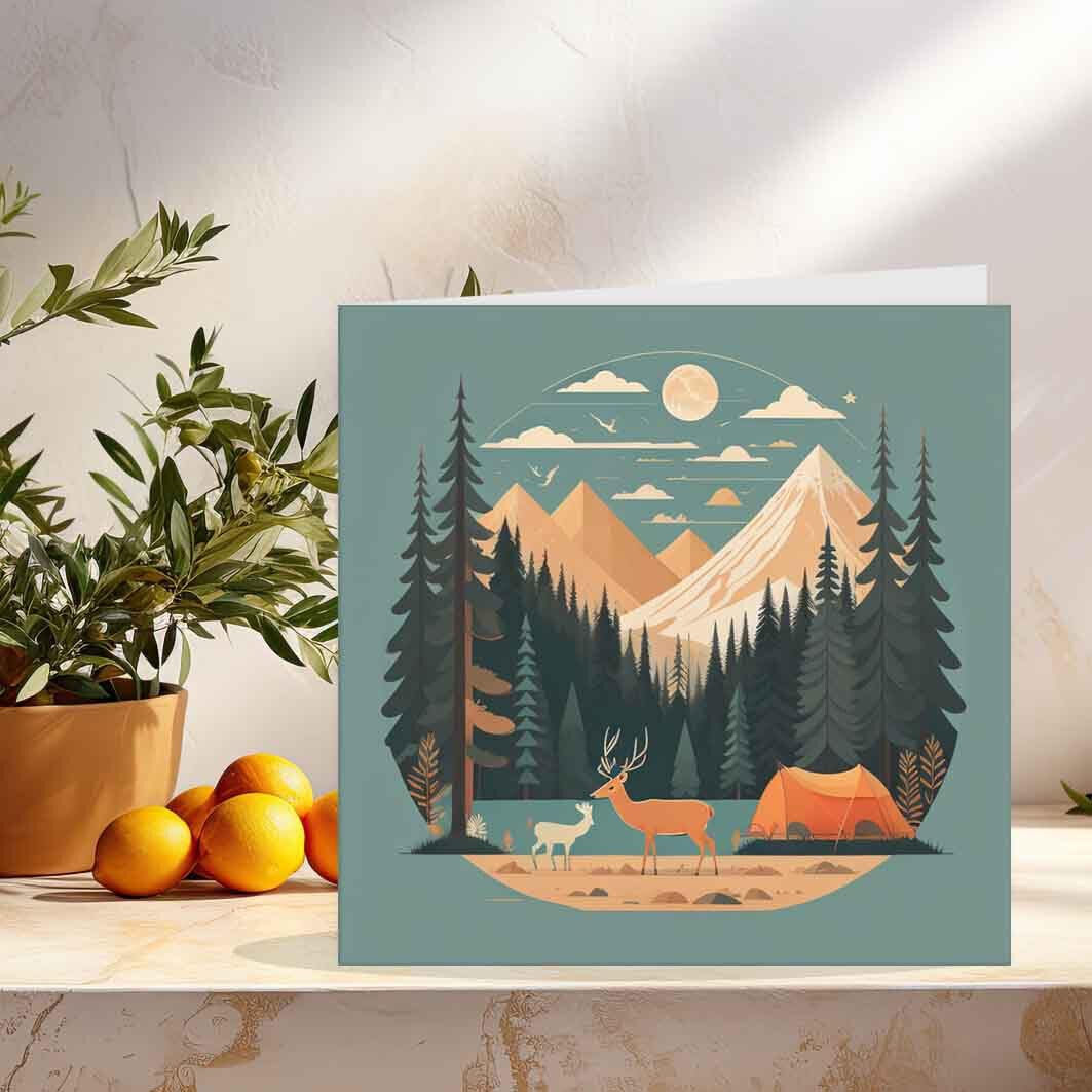 Mountains Nature Greeting Card - Campsite animals woodland forest 145 x 145mm - Purple Fox Gifts