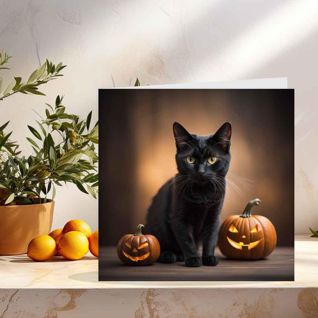 Black Cat With Pumpkins Card Halloween Cards 145 x 145mm - Purple Fox Gifts