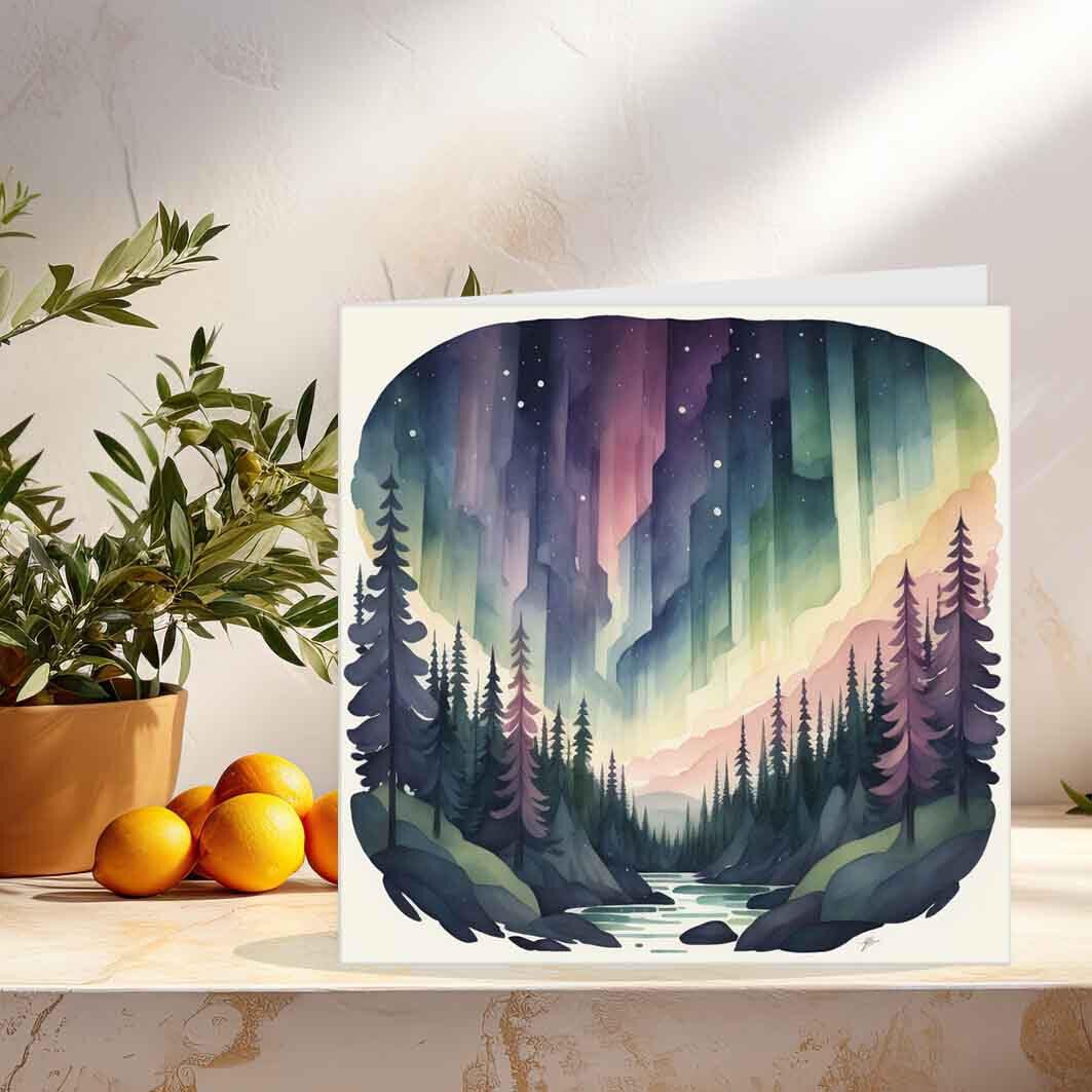 Northern Lights Greeting Card Aurora Borealis Card 145 x 145mm - Purple Fox Gifts