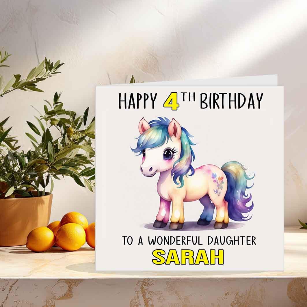 Kids Personalised Horse Pony Birthday Card - Any Age & Name 145 x 145mm - Purple Fox Gifts