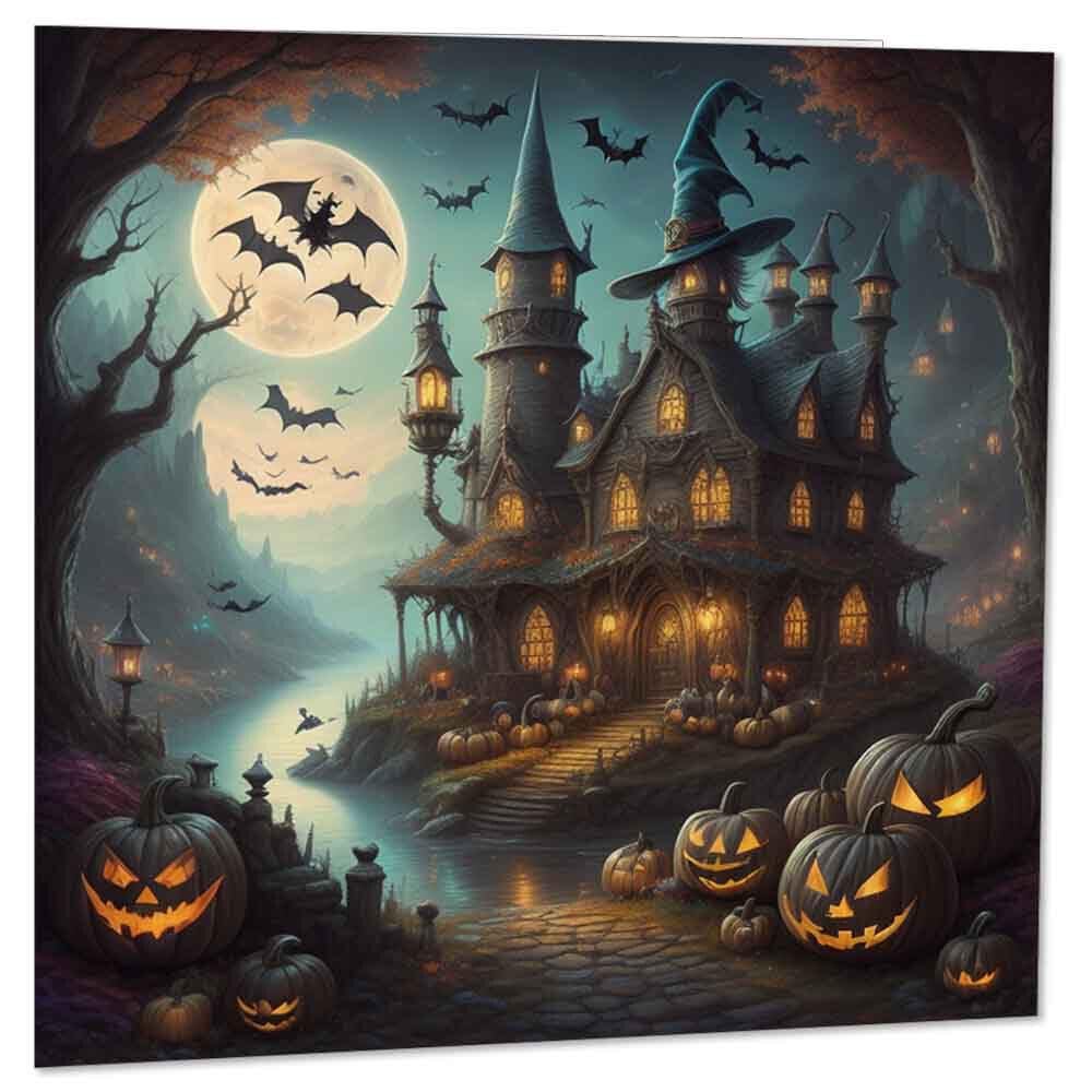 Halloween Cards - Haunted House - Spooky Happy Halloween Card 145 x 145mm - Purple Fox Gifts