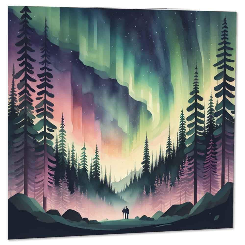 Northern Lights Card - Woodland Couple - Anniversary Birthday Card 145 x 145mm - Purple Fox Gifts