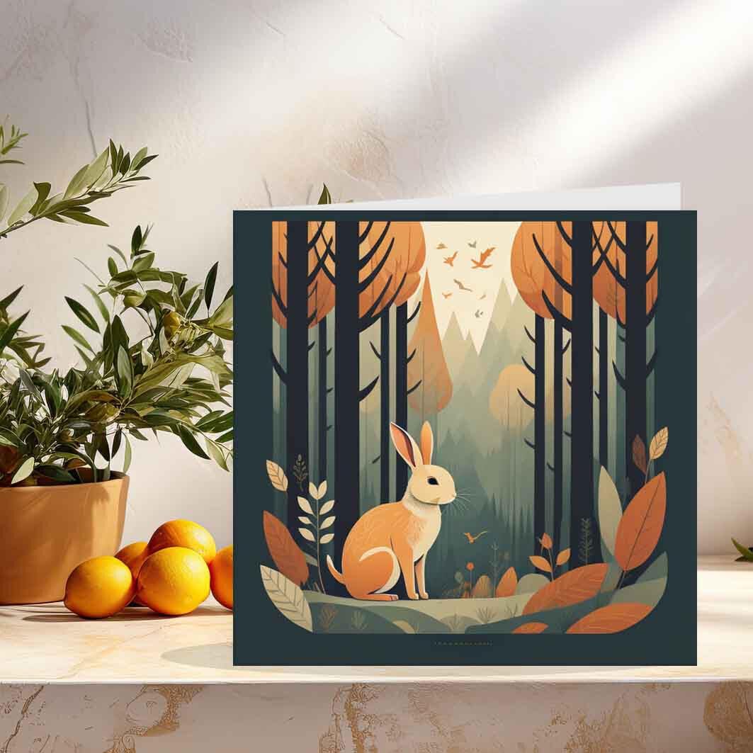 Rabbit in the Woods Greeting Card - Hare Bunny Forest Illustration 145 x 145mm - Purple Fox Gifts