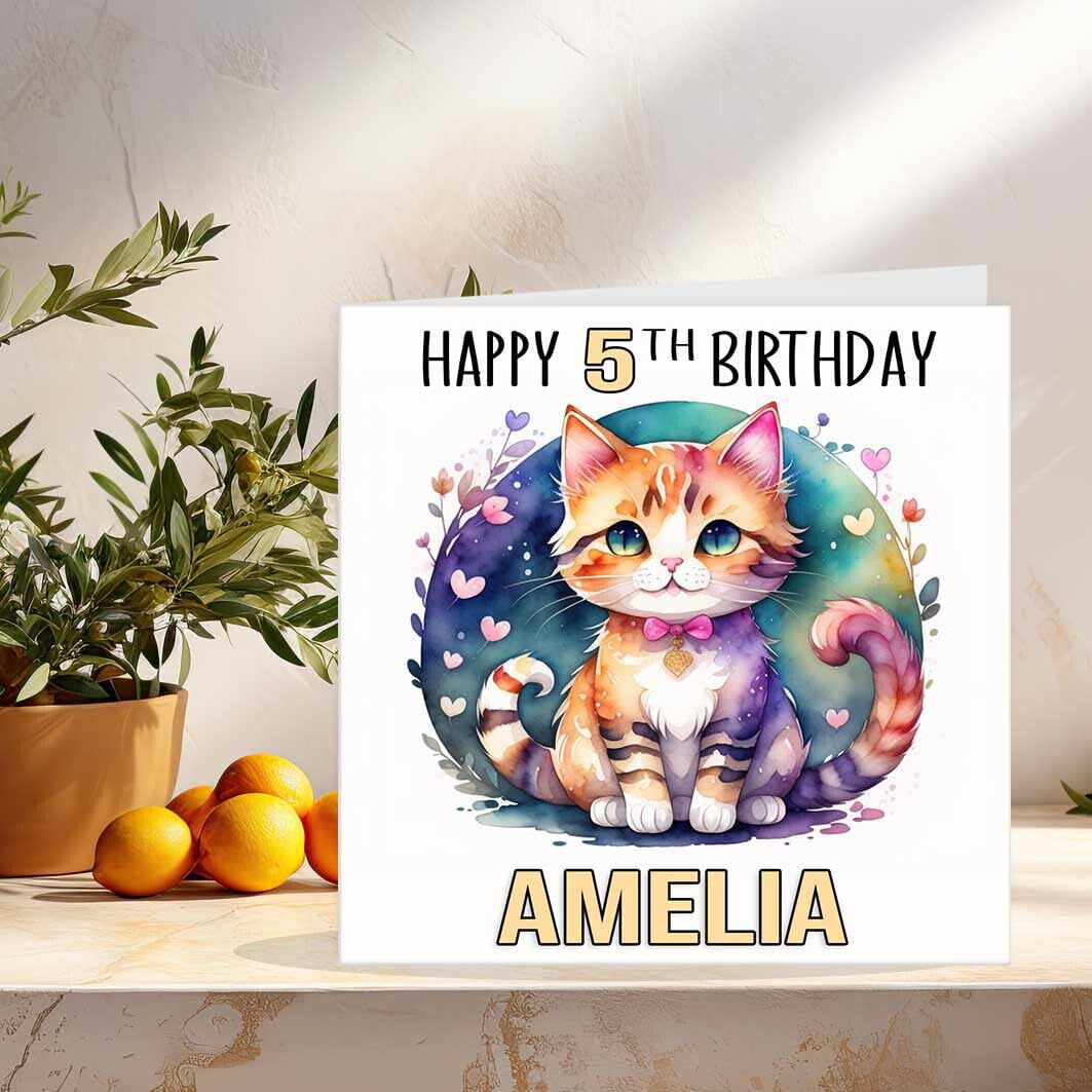 Personalised Kids Birthday Card - Custom Age - Cute Childrens Watercolour Cat - Purple Fox Gifts