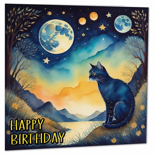 Moon Cat Birthday Card - Watercolour Cat Greeting Card - Cat Cards 145 x 145mm - Purple Fox Gifts