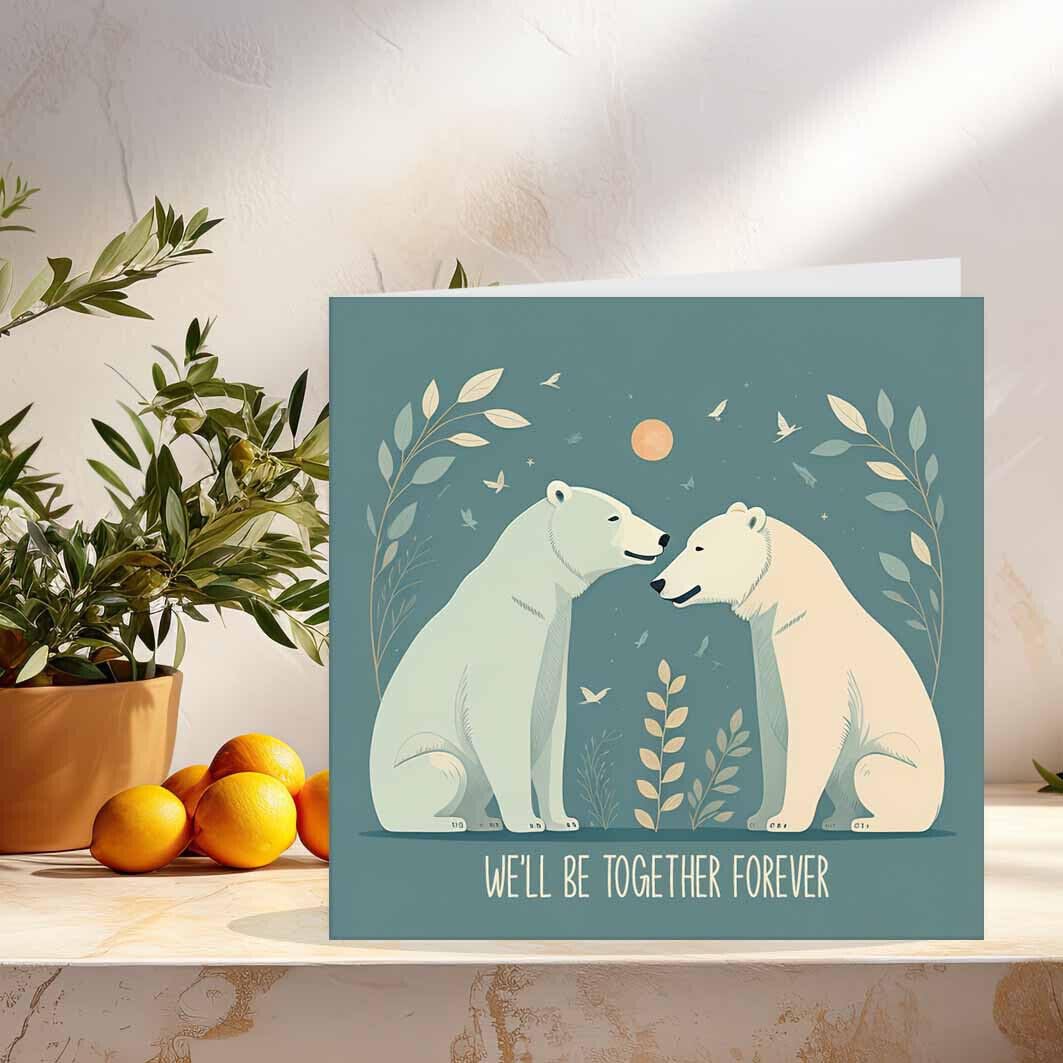 Anniversary Card - Together Forever - Cute Polar Bears - Girlfriend Wife Husband - Purple Fox Gifts