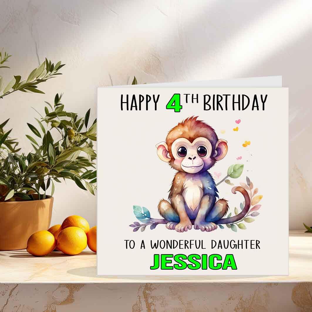 Kids Personalised Monkey Birthday Card - Any Age, Name & Relation 145 x 145mm - Purple Fox Gifts