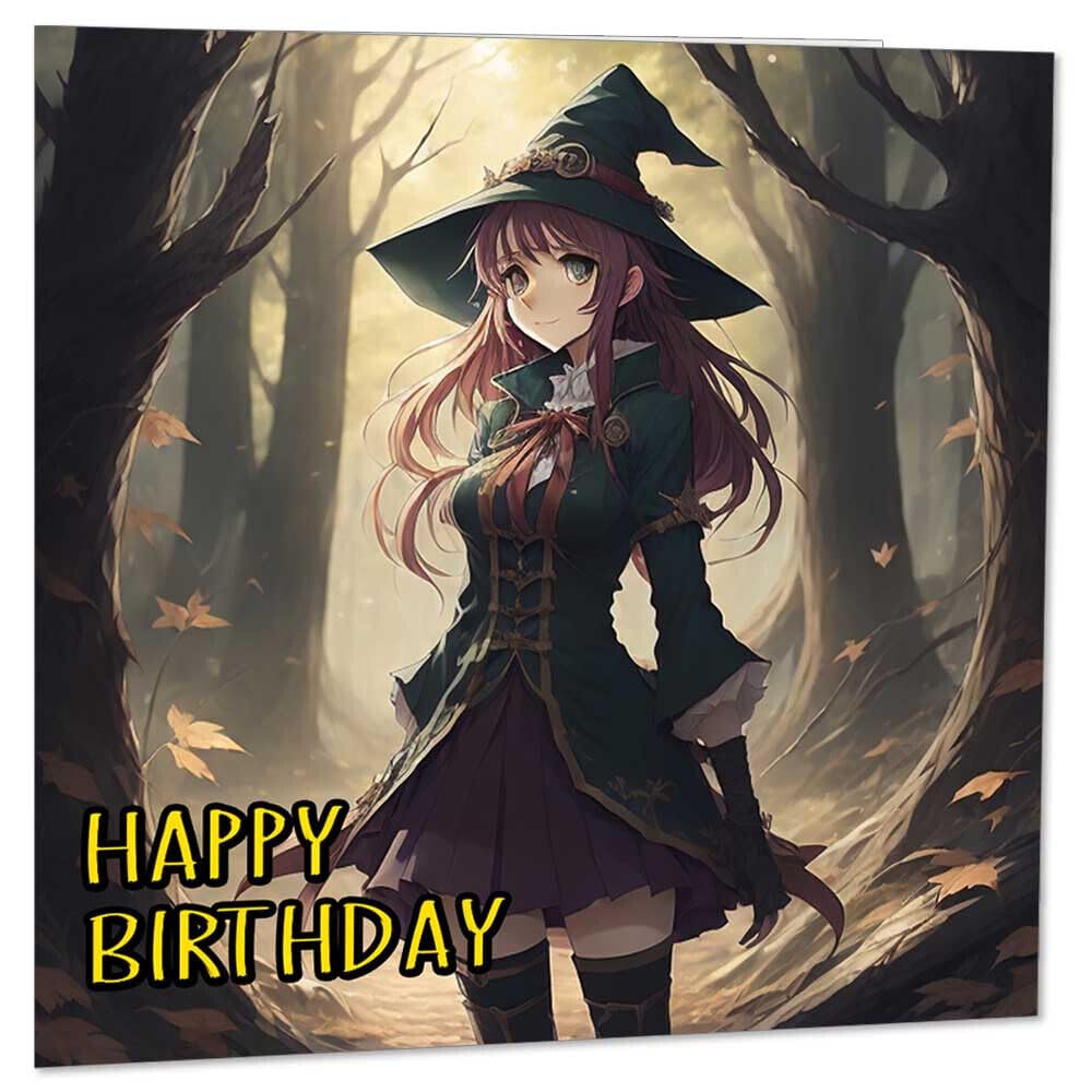 Anime Witch Birthday Card Fantasy Anime Girl Sorceress 145 x 145mm - Purple Fox Gifts
