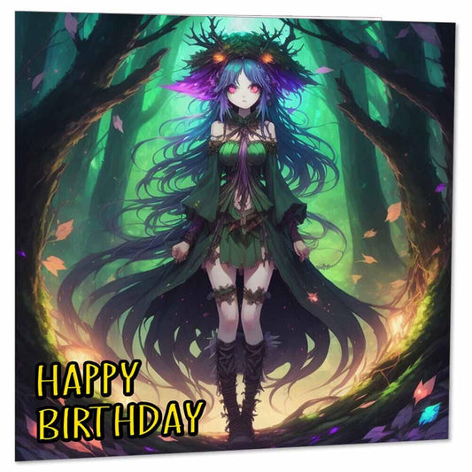 Anime Forest Witch Birthday Card - Cute Woods Woodland Witches Girl 145 x 145mm - Purple Fox Gifts