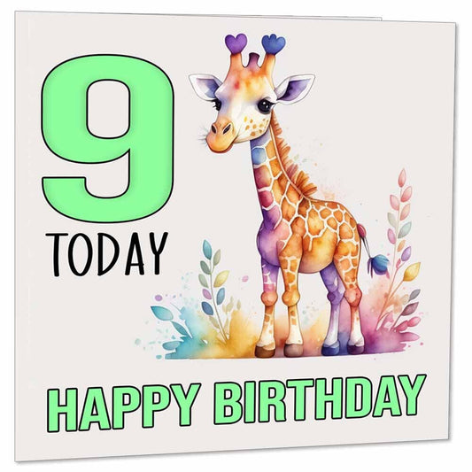 9th Birthday Card Kids Childrens 9 Years Old Watercolour Giraffe 145 x 145mm - Purple Fox Gifts
