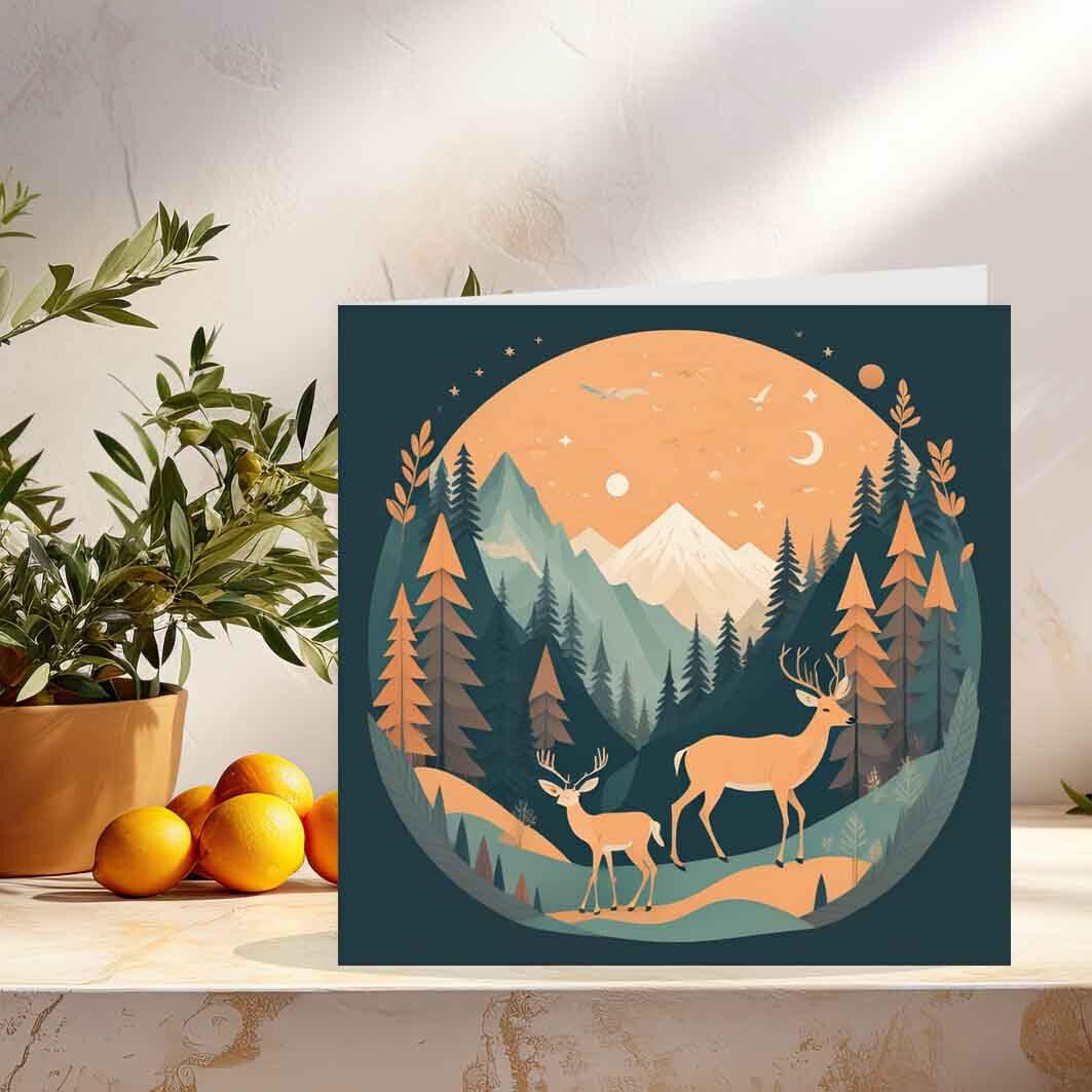 Nature Greeting Card - Mountains Animals Forest Woodland Card 145 x 145mm - Purple Fox Gifts