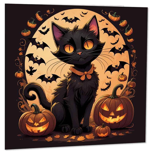 Black Cat With Bats Pumpkins Moon Card - Halloween Cards 145 x 145mm - Purple Fox Gifts