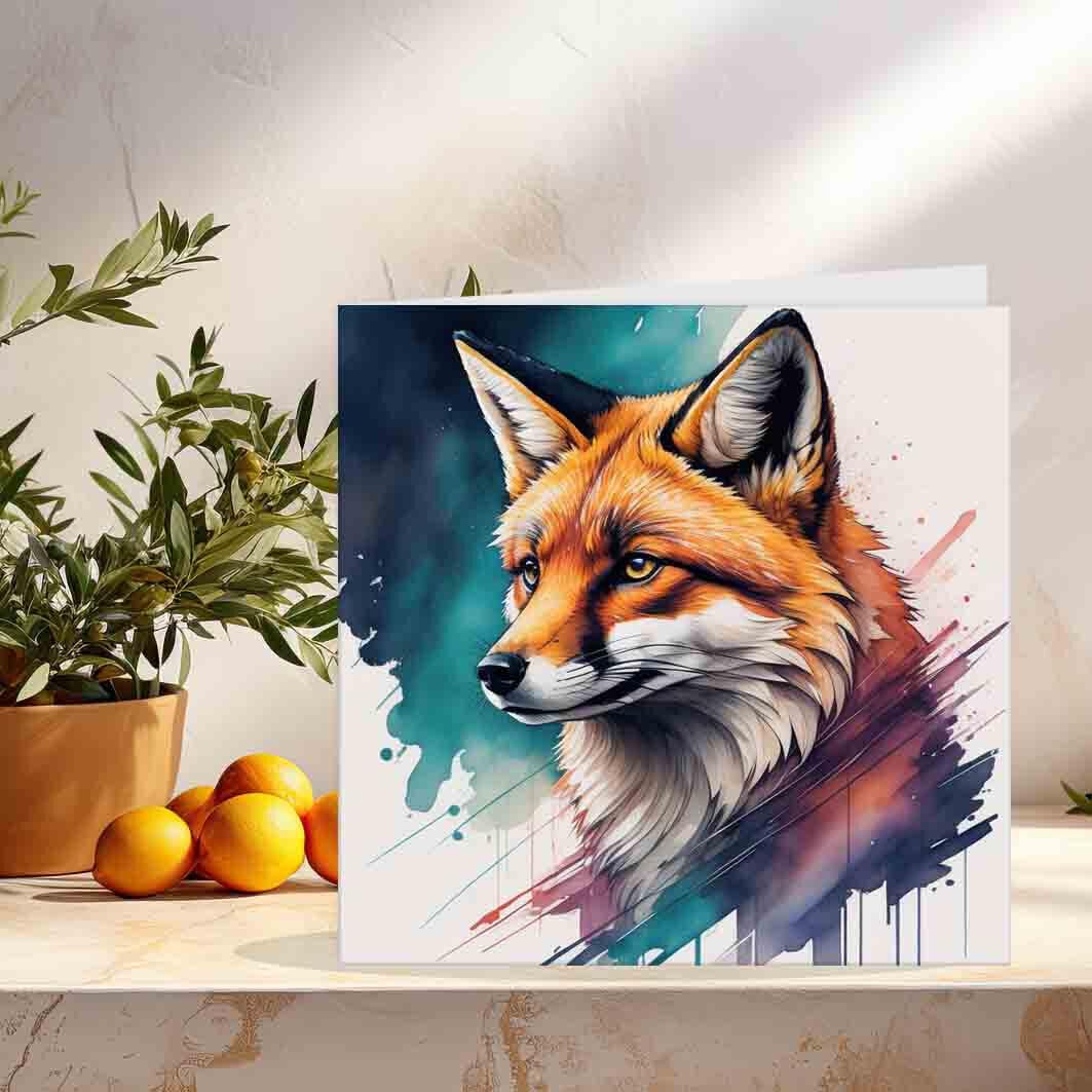 Fox Greeting Card Fox Design Art Beautiful Watercolour Birthday Card 145 x 145mm - Purple Fox Gifts