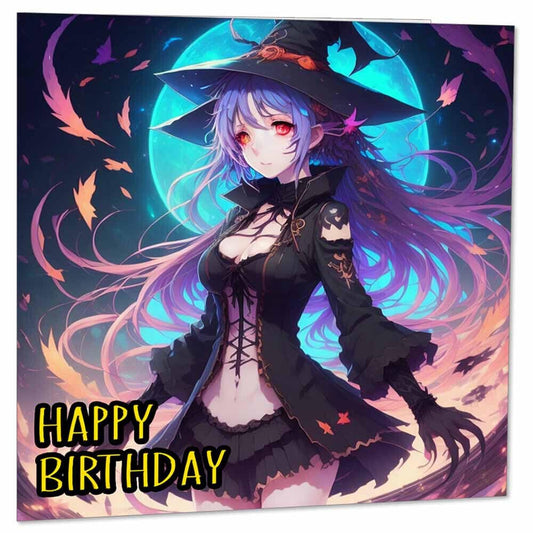 Anime Witch Birthday Card - Greeting Card Anime Girl Witches 145 x 145mm - Purple Fox Gifts