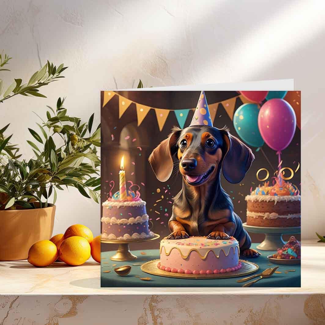 Cute Sausage Dog Birthday Card Dachshund Birthday Card Adorable 147 x 147mm - Purple Fox Gifts