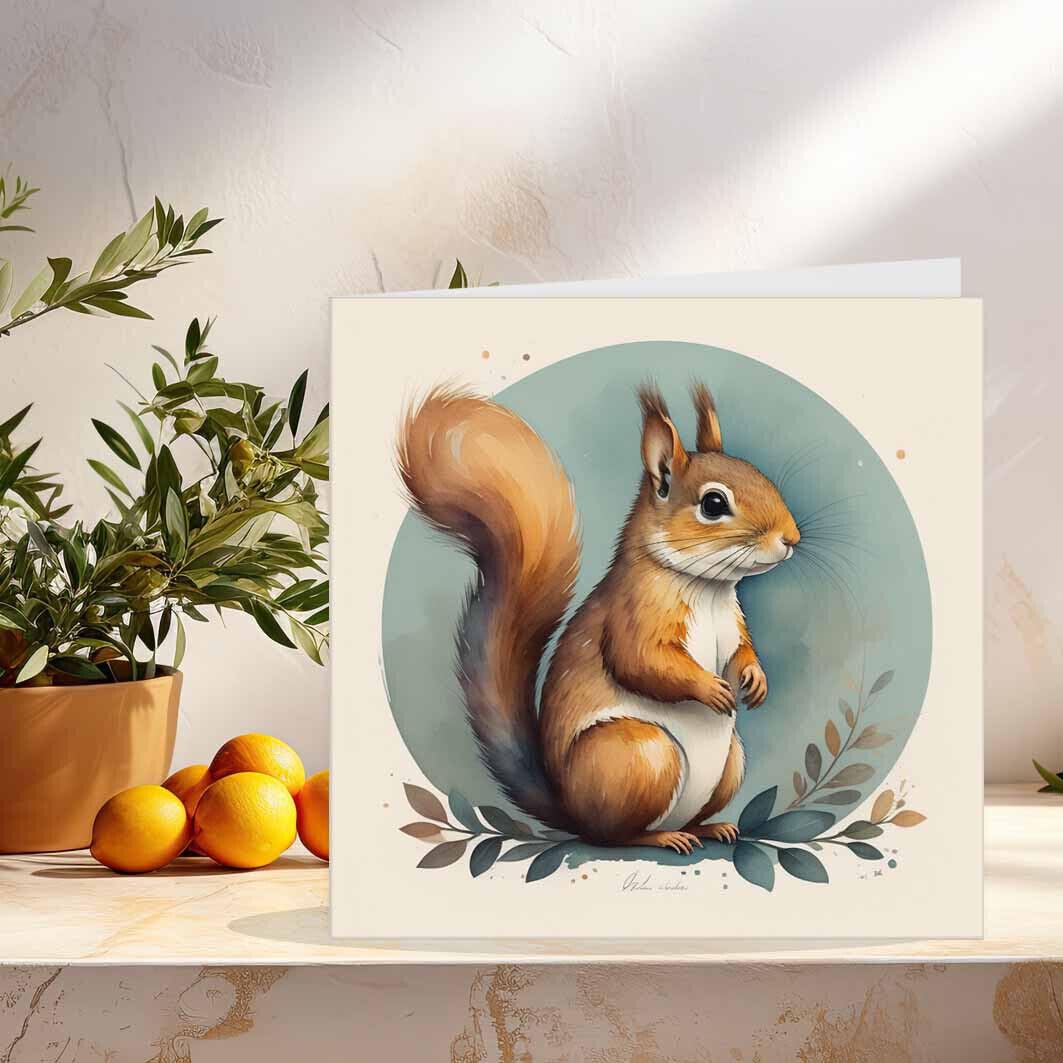 Squirrel Watercolour Greeting Card - Squirrel Cards 145 x 145mm - Purple Fox Gifts