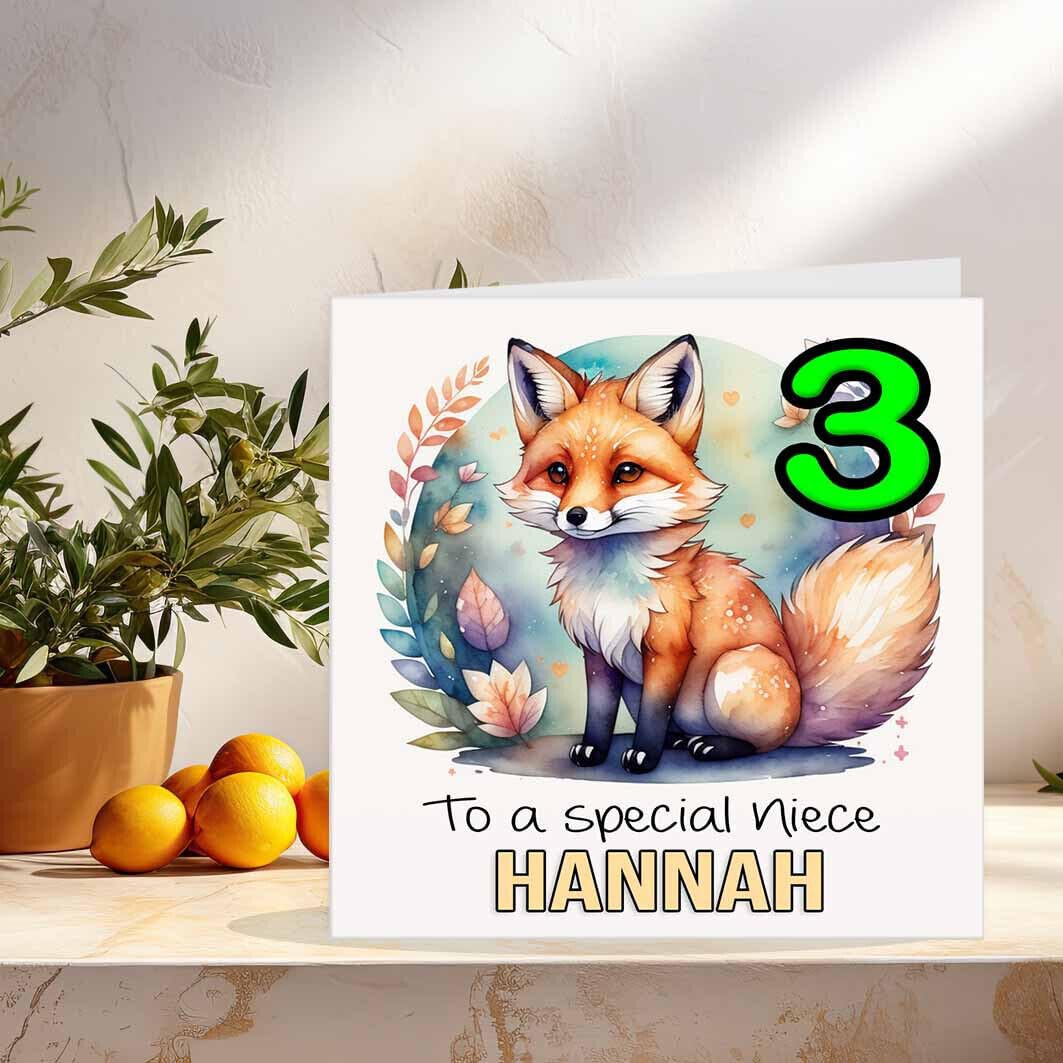 Personalised Kids Birthday Card Watercolour Fox - Any Age Boys Girls Cute - Purple Fox Gifts