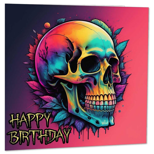 Psychedelic Skull Birthday Card - Rock Metal Gothic Biker Card 145 x 145mm - Purple Fox Gifts