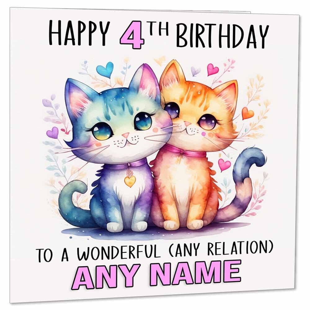 Personalised Girls Cat Birthday Card - Any Age - Kittens Cats Kitty 145 x 145mm - Purple Fox Gifts