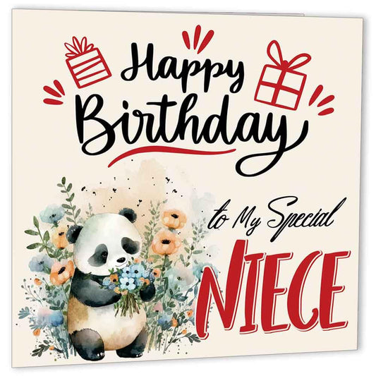 Special Niece Birthday Card for Niece Cute Panda Happy birthday 147 x 147mm - Purple Fox Gifts