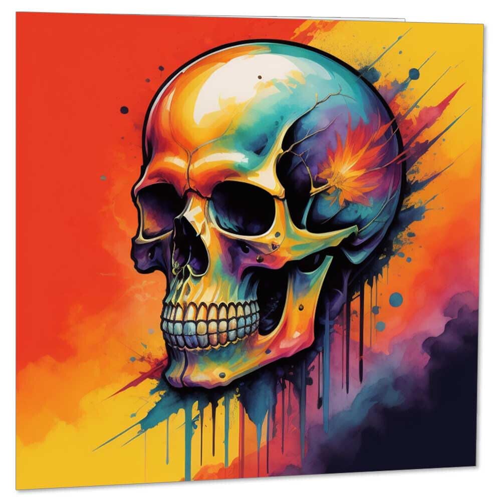 Colourful Skull Art Greeting Card - Fantasy Skull Card 145 x 145mm - Purple Fox Gifts