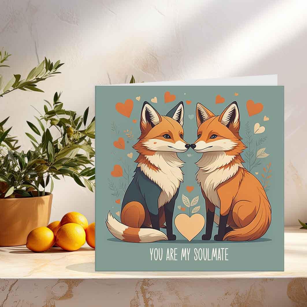 Anniversary Card - My Soulmate - Cute Fox Love Romantic Valentines Card him her - Purple Fox Gifts