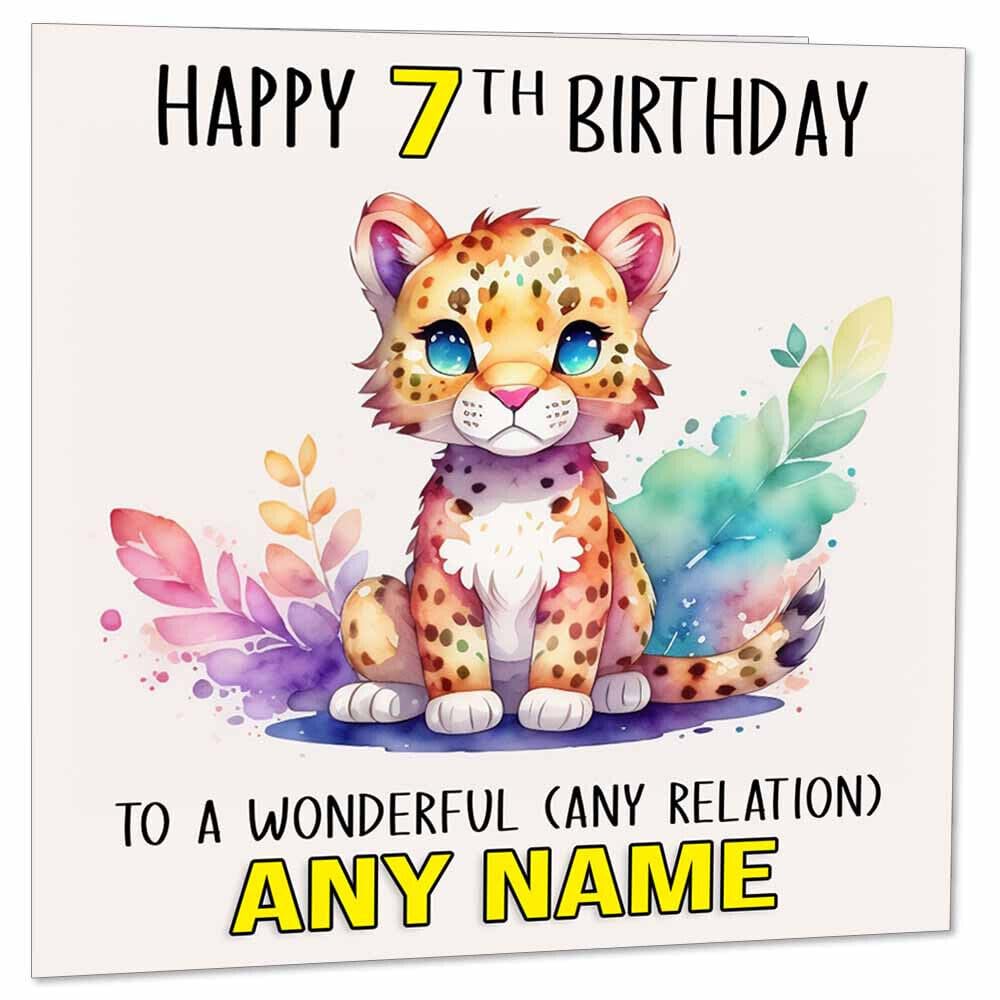 Kids Personalised Leopard Birthday Card - Any Age, Name & Relation 145 x 145mm - Purple Fox Gifts
