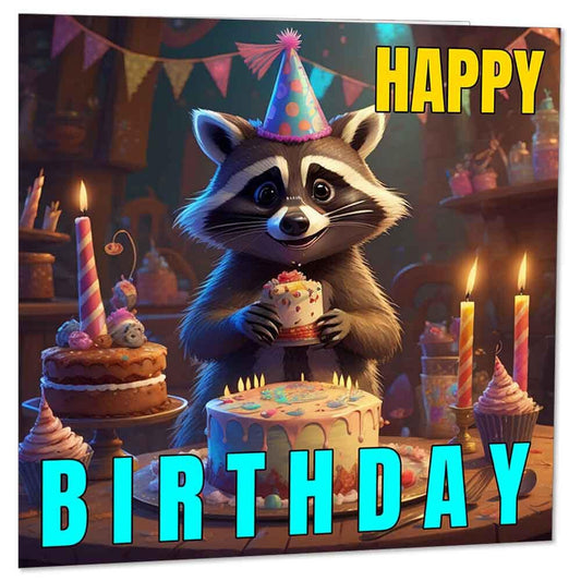 Raccoon Birthday Card - Raccoon Happy Birthday Cards 145 x 145mm - Purple Fox Gifts