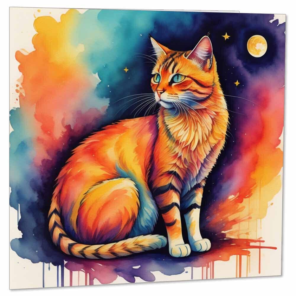 Cat Watercolour Greeting Card - Cat Art Birthday Card 145 x 145mm - Purple Fox Gifts