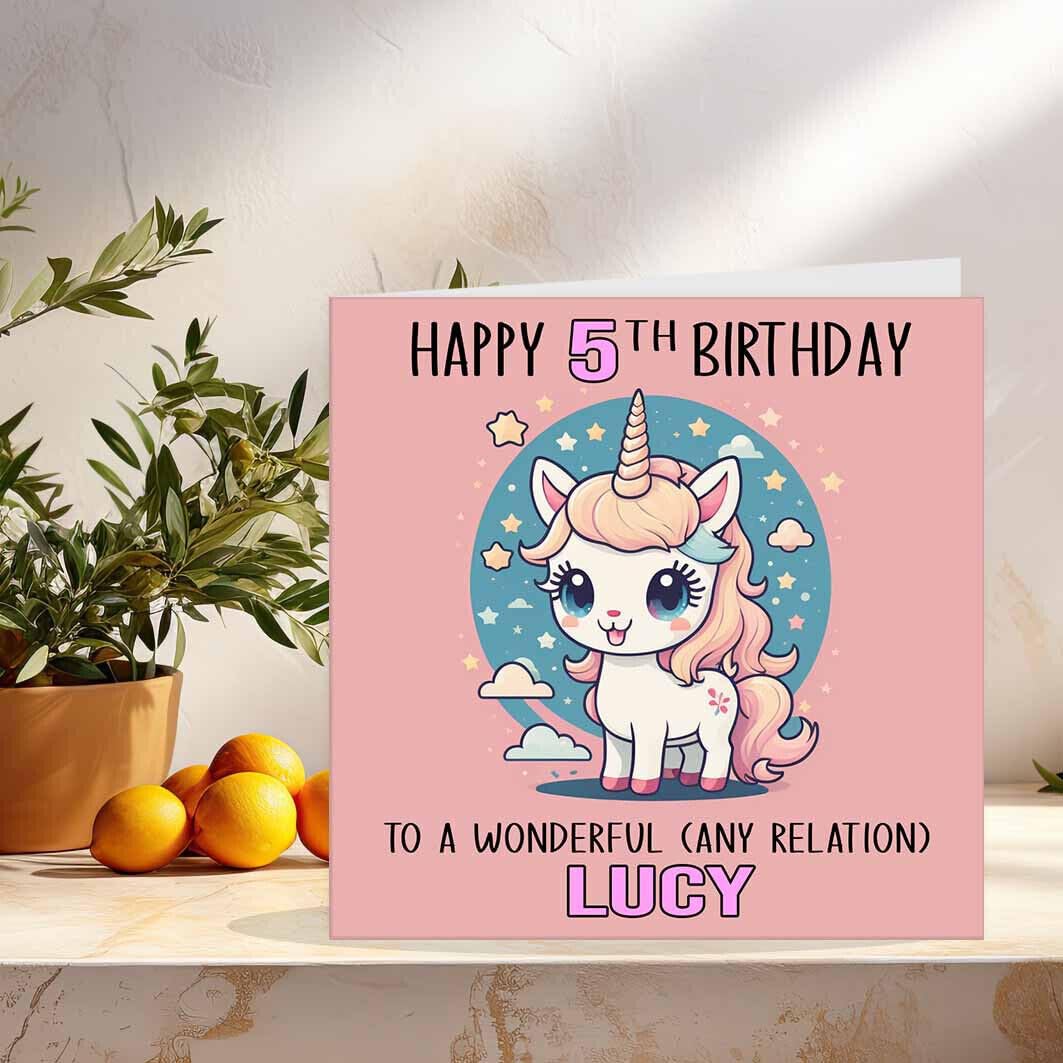 Girls Unicorn Birthday Card - Personalised Any Age Kids 145 x 145mm - Purple Fox Gifts