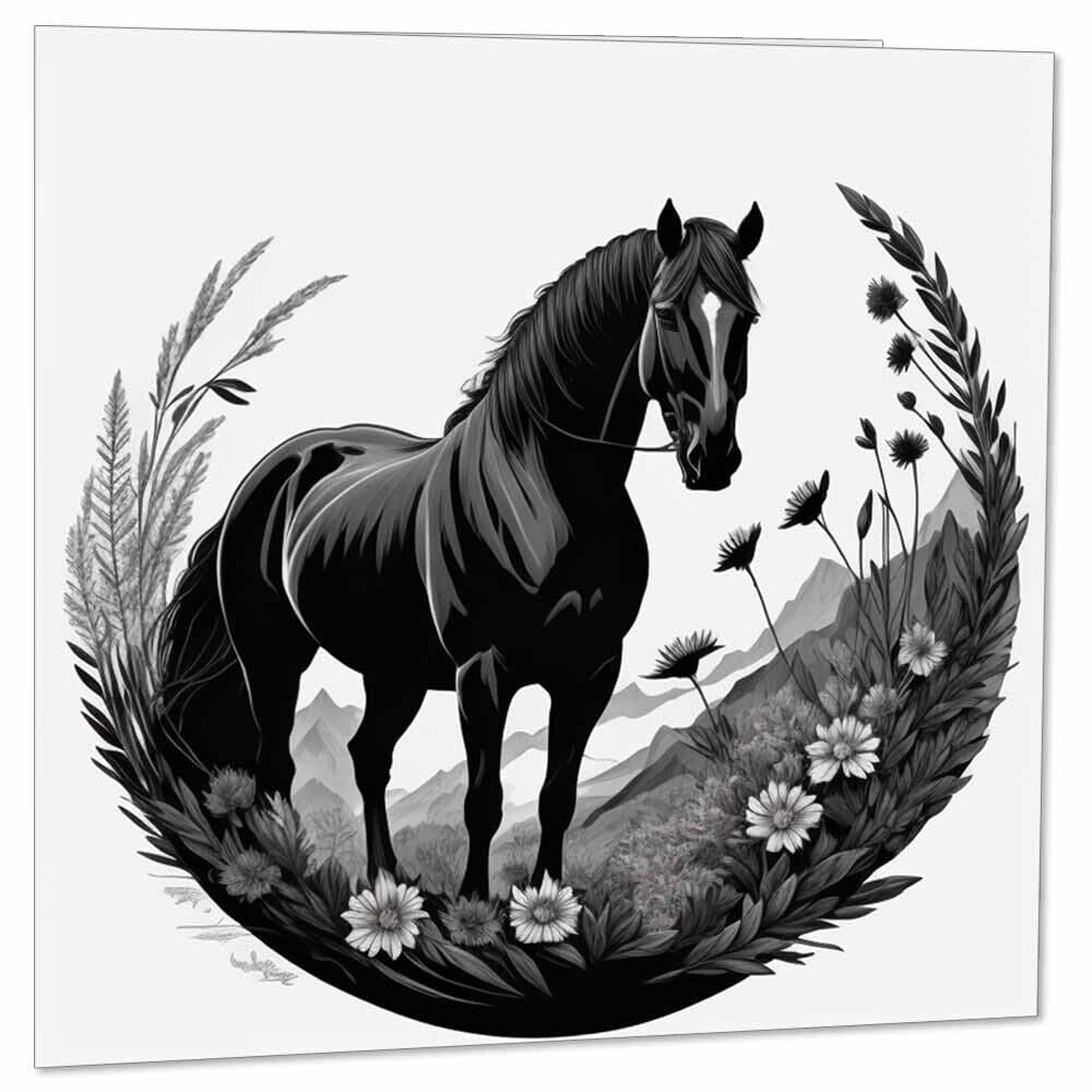 Horse Greeting Card Black & White Horse Illustration 145 x 145mm - Purple Fox Gifts