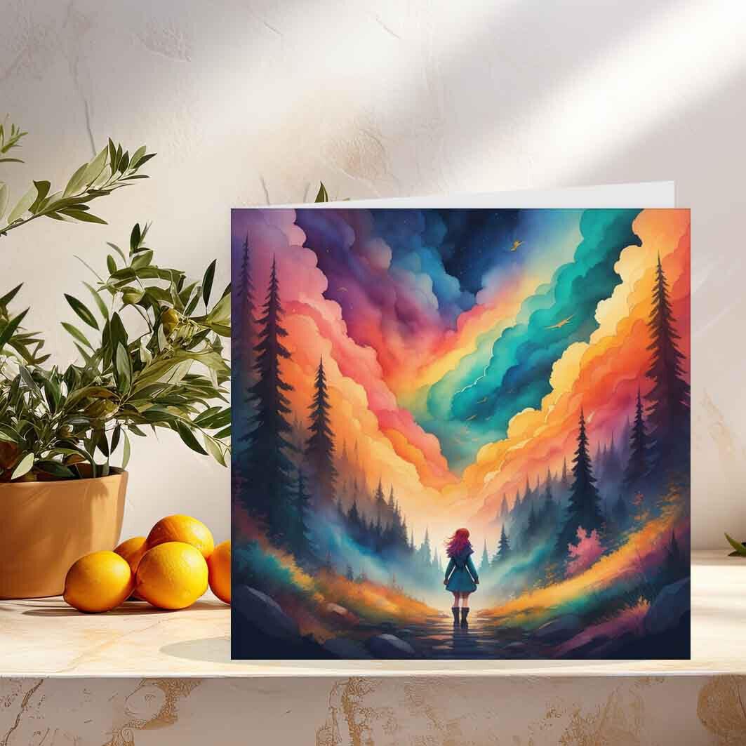 Girl In Rainbow Forest Greeting Card Beautiful art Woodland Rainbow 145 x 145mm - Purple Fox Gifts