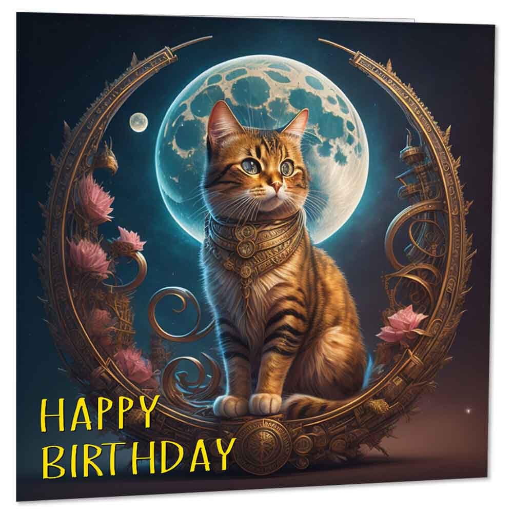 Celestial Cat Moon Birthday Card - Cat Greeting Card - Cat Cards 145 x 145mm - Purple Fox Gifts