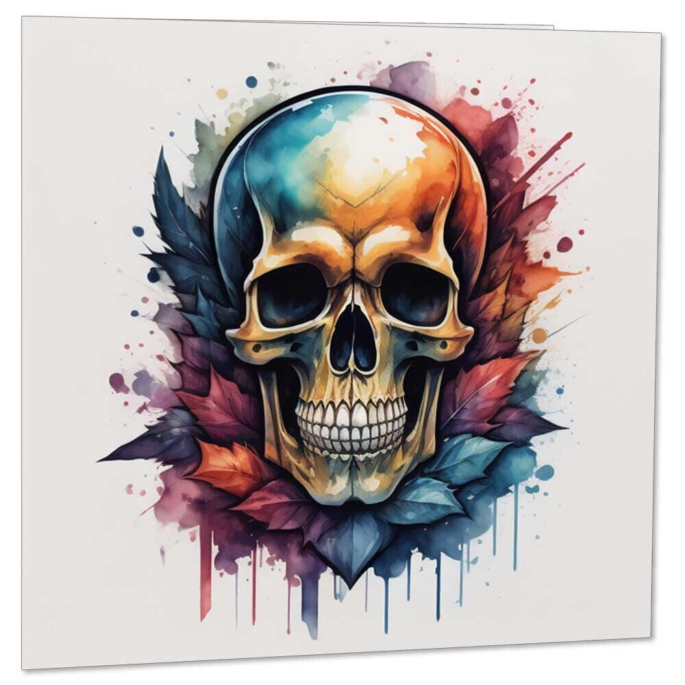 Gothic Skull Watercolour Greeting Card - Rock Metal Birthday Card 145 x 145mm - Purple Fox Gifts