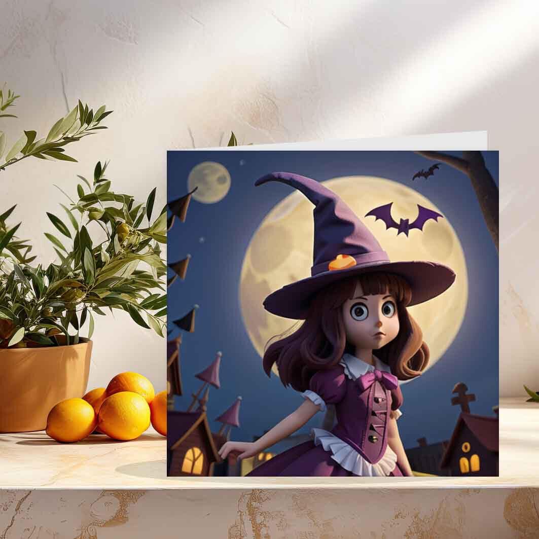 Cute Halloween Cards Witch Girl Bats Moon Happy Halloween Card 145 x 145mm - Purple Fox Gifts