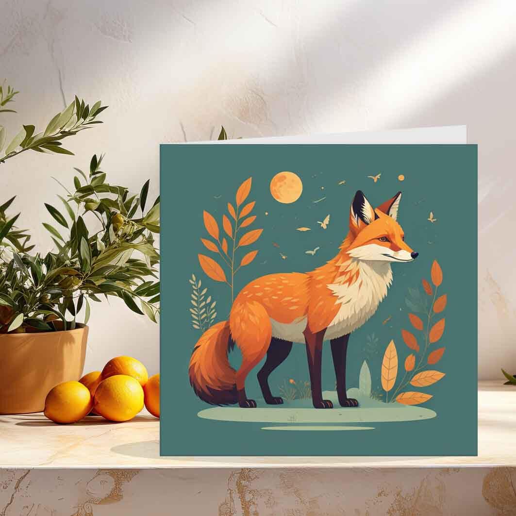 Fox Moon Greeting Card - Artistic Fox Drawing Birthday Card 145 x 145mm - Purple Fox Gifts